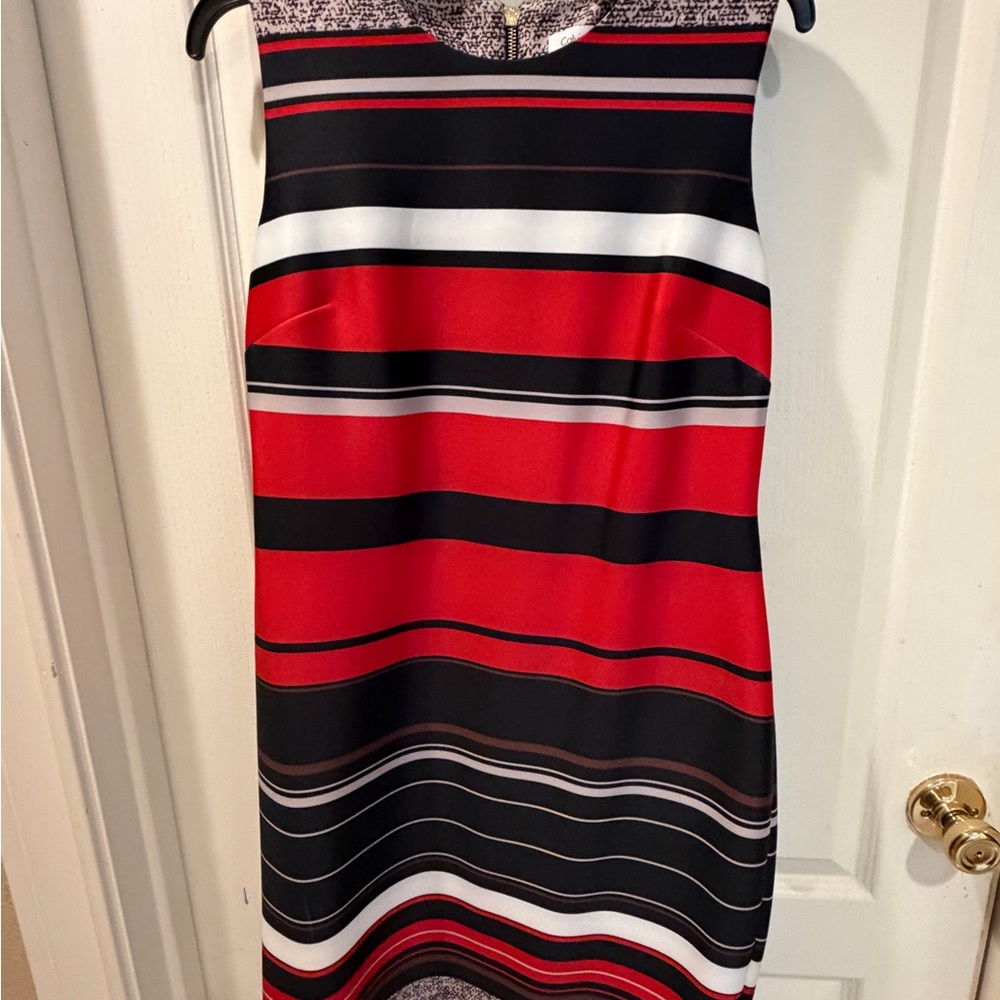 NWT - Calvin Klein Red, Black & White Striped Midi Dress